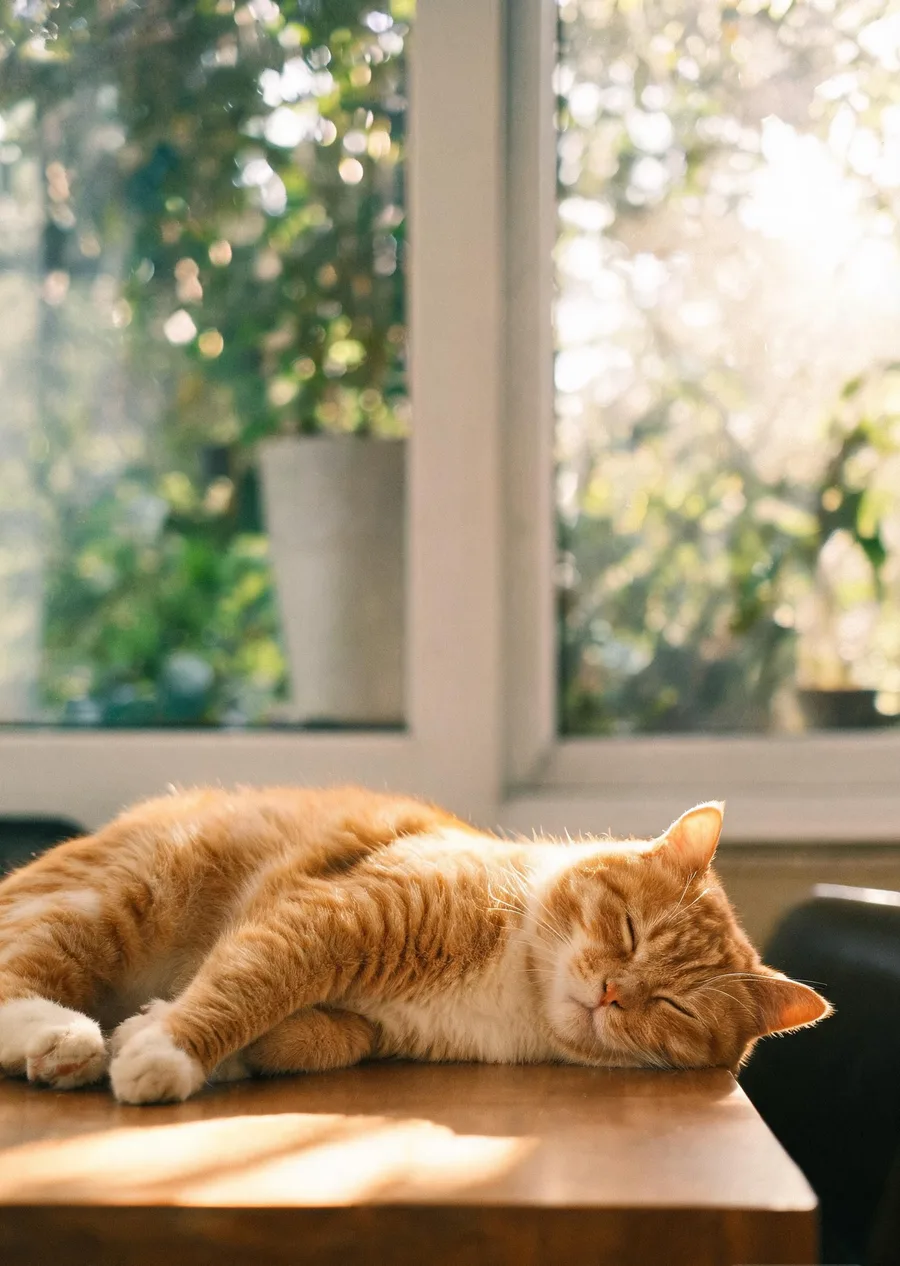 趴在木桌上晒太阳的橘猫